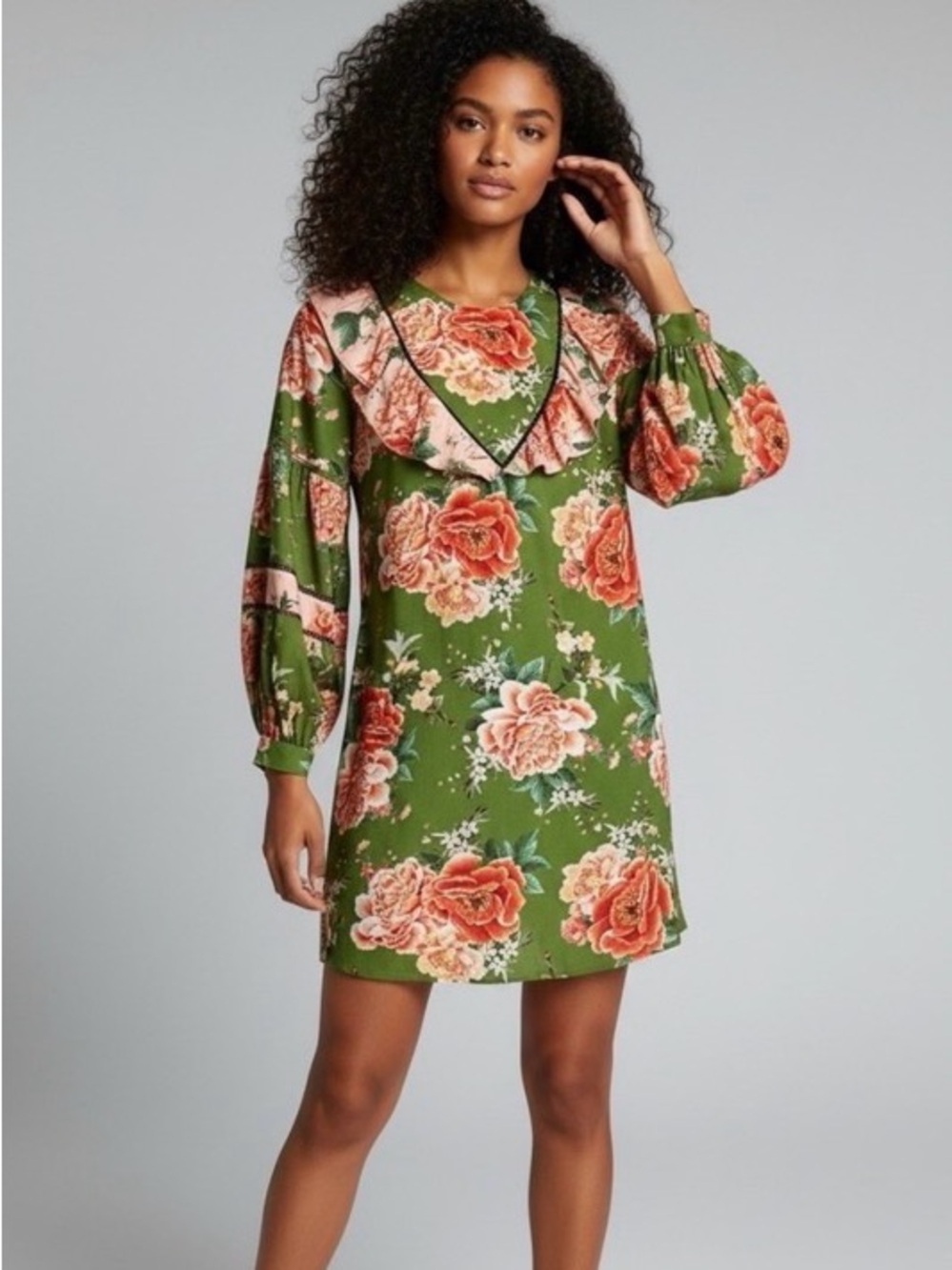 FARM Rio Antropology  Olive Green Floral Ruffle Mini Dress with Coral Blooms.